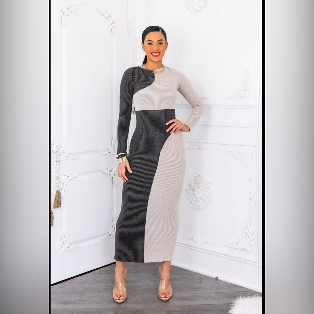 12. Color block Long Sleeve Bodycon Maxi Dress - Picture 6 of 9